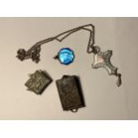 FOUR PENDANTS TO INCLUDE A FRENCH POSTCARD BOOK, A LORDS PRAYER BOOK, A RELIGIOUS BLUE AND A