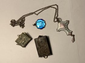 FOUR PENDANTS TO INCLUDE A FRENCH POSTCARD BOOK, A LORDS PRAYER BOOK, A RELIGIOUS BLUE AND A