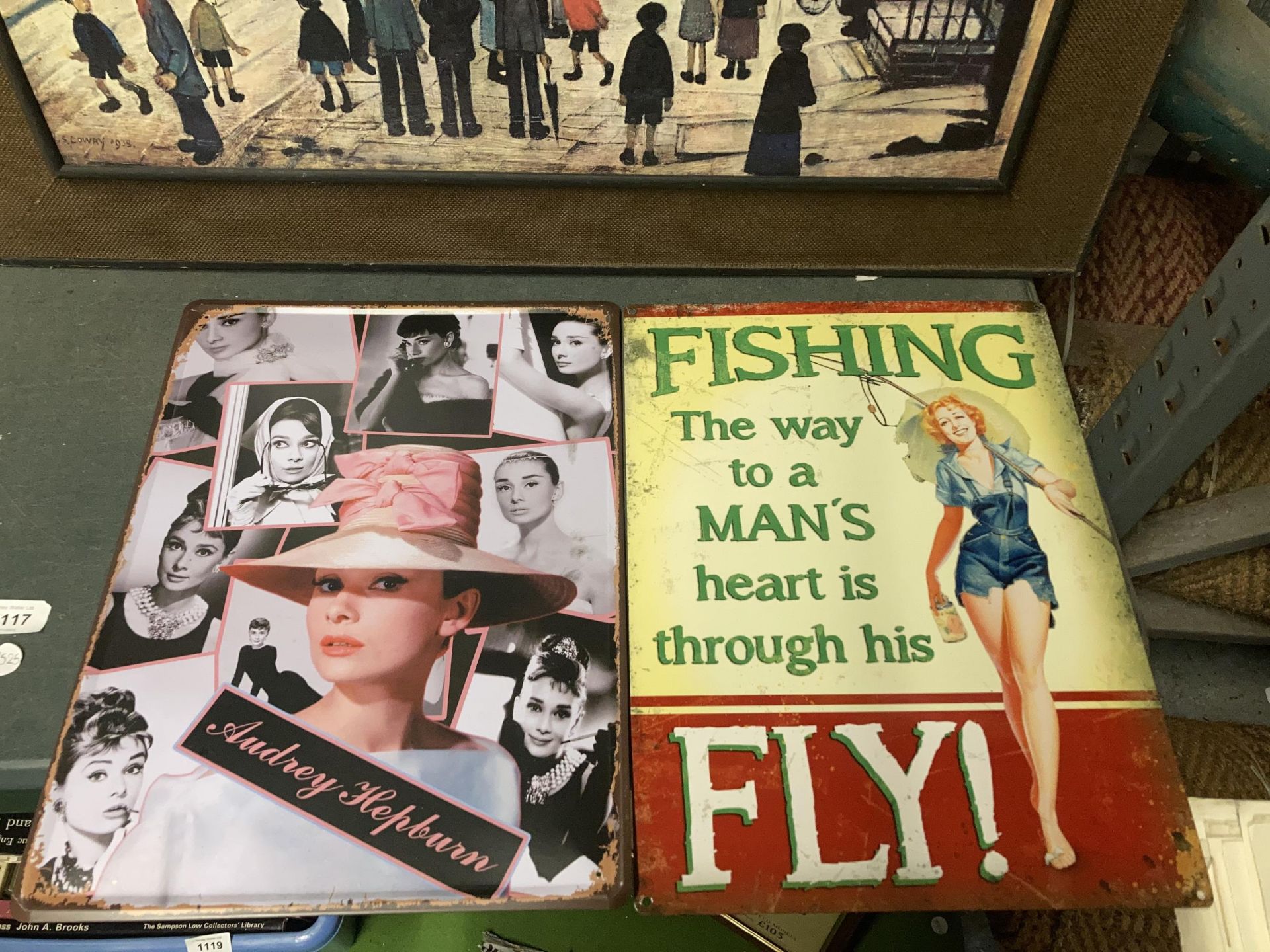 TWO METAL SIGNS - AUDREY HEPBURN AND FISHING