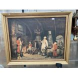 A MID CENTURY GILT FRAMED PRINT ON BOARD OF GENTLEMEN IN A PUBLIC HOUSE