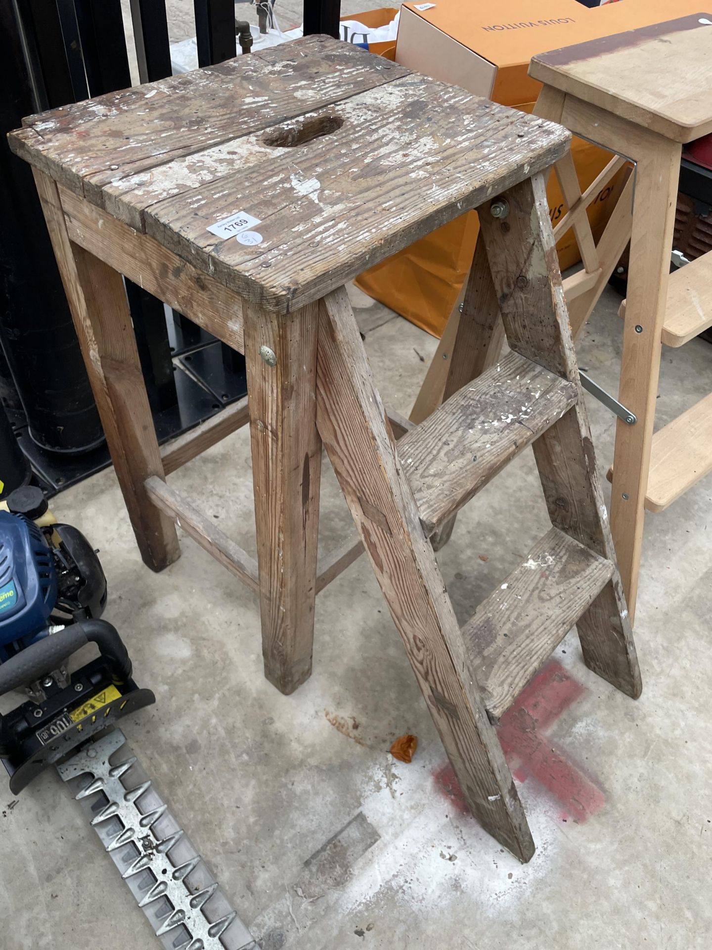 A VINTAGE WOODEN KITCHEN STEP STOOL