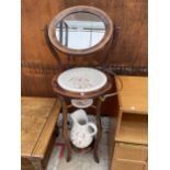 A VICTORIAN STYLE WASHSTAND WITH SWING MIRROR, CERAMIC JUG AND BOWL AND DISH