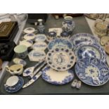 A LARGE QUANTITY OF BLUE AND WHITE CERAMICS TO INCLUDE FISH TILES, SOUP COUPES, JELLY MOULDS,