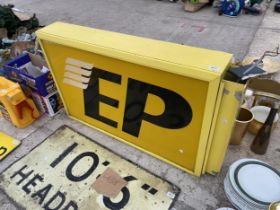 A LARGE DOUBLE SIDED ILLUMINATED 'EP' (EUROPEAN PETROL) LIGHT BOX SIGN