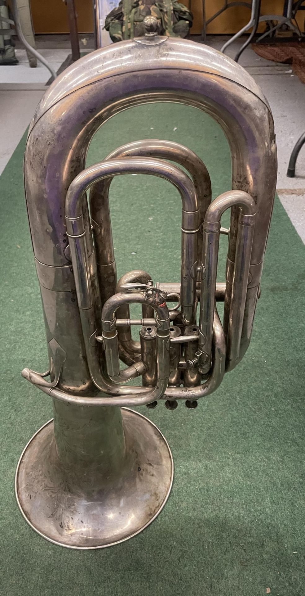 A VINTAGE SILVER PLATED BESSON & CO CLASS A PROTOTYPE TUBA MUSICAL INSTRUMENT