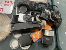 A VINTAGE RICOH 500 G CAMERA, OLYMPUS OM 10, ETC PLUS FLASHES AND TWO VINTAGE PIPES