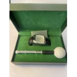 AN AS NEW AND BOXED GOLF THEMED BIRDIE WATCH AND PEN SET SEEN WORKING BUT NO WARRANTY