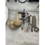 AN ASSORTMENT OF ITEMS TO INCLUDE BRASS STRAINERS, A VINTAGE BLOW TORCH AND TOOLS ETC