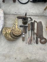 AN ASSORTMENT OF ITEMS TO INCLUDE BRASS STRAINERS, A VINTAGE BLOW TORCH AND TOOLS ETC