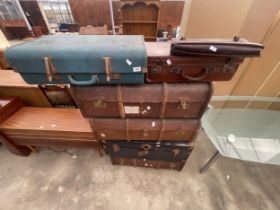 FOUR VARIOUS TRAVELLING TRUNKS, SUITCASE AND BRIEFCASE