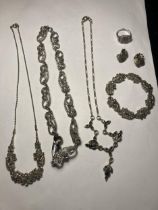 VARIOUS ITEMS OF MARCASITE STYLE JEWELLERY TO INCLUDE THREE NECKLACES, A BRACELET, RING AND EARRINGS