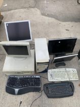 AN ASSORTMENT OF COMPUTER ITEMS TO INCLUDE MONITORS, KEYBOARDS AND TOWERS ETC