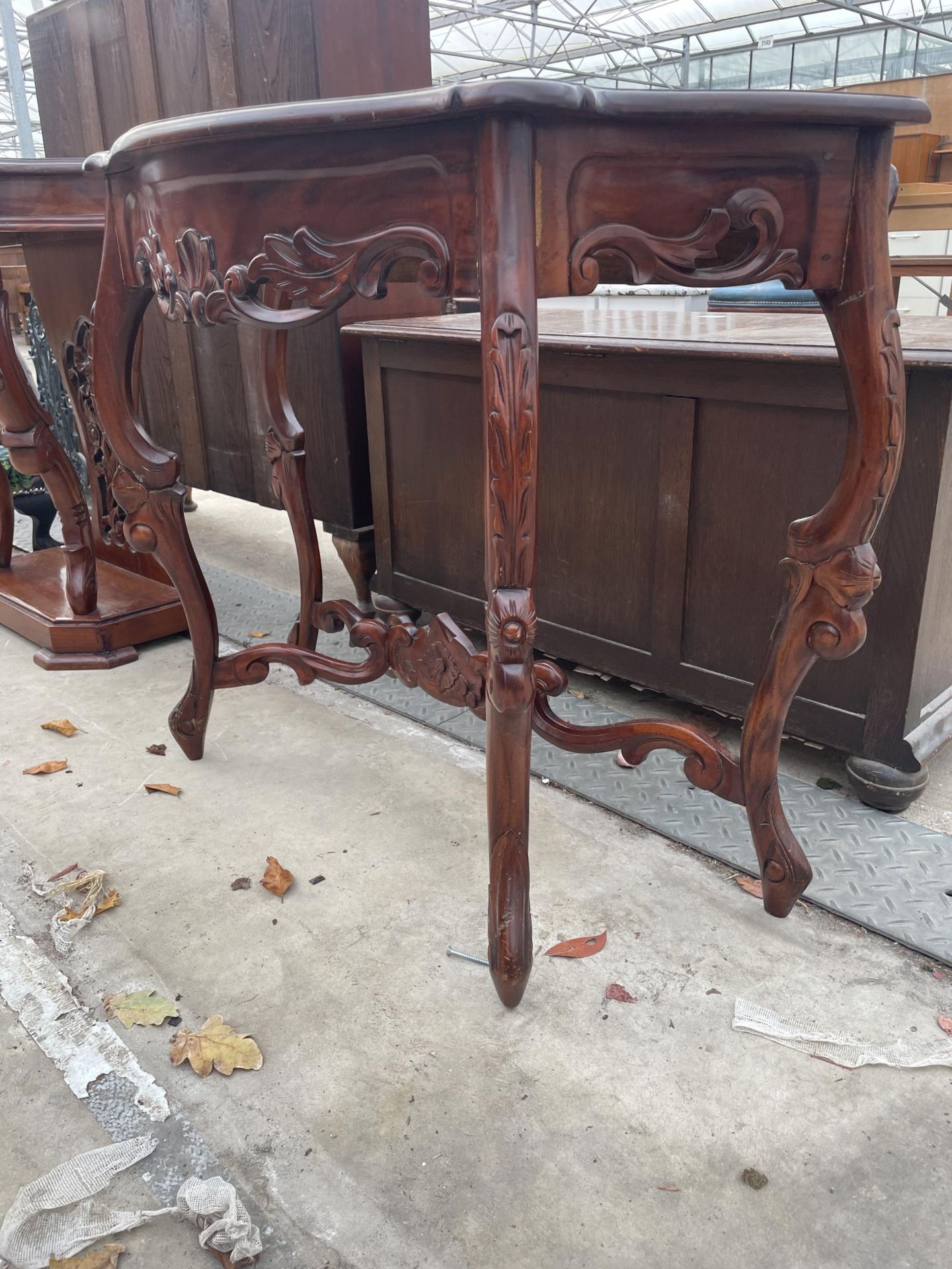 A VICTORIAN STYLE CONSOLE TABLE WITH CARVED FRIEZE AND STRECHERS, 35" WIDE - Image 2 of 4