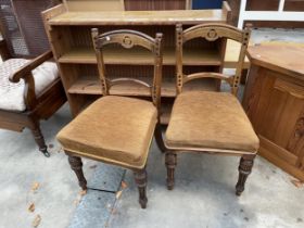 A PAIR OF VICTORIAN DINING CHAIRS AND MODERN OPEN BOOKCASE
