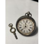 A MARKED 935 SILVER LADIES POCKET WATCH WITH ENAMEL DIAL AND ROMAN NUMERALS COMPLETE WITH KEY