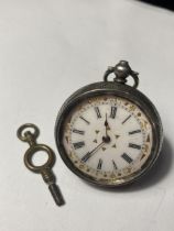 A MARKED 935 SILVER LADIES POCKET WATCH WITH ENAMEL DIAL AND ROMAN NUMERALS COMPLETE WITH KEY