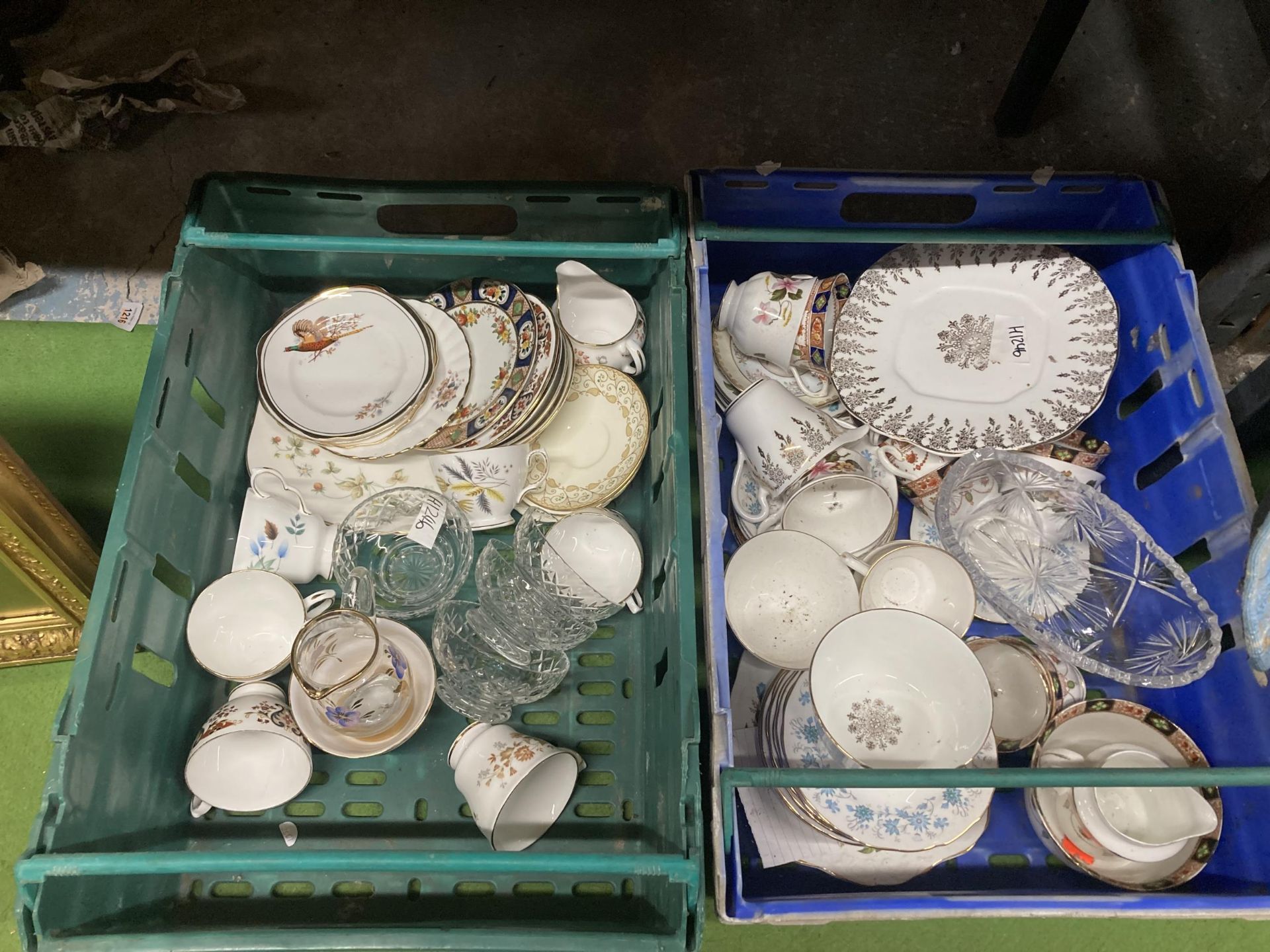 TWO BOXES OF ASSORTED CERAMICS AND CHINA, CUT GLASS ITEMS ETC
