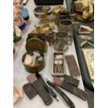 A MIXED LOT TO INCLUDE BRASS CANDLESTICKS AND LIDDED POT, VINTAGE BUTTONS, PEWTER TANKARDS, CUT