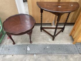A DEMI LUNE HALL TABLE ON BARLEY TWIST LEGS AND 23.5" DIAMETER COFFEE TABLE ON CABRIOLE LEGS