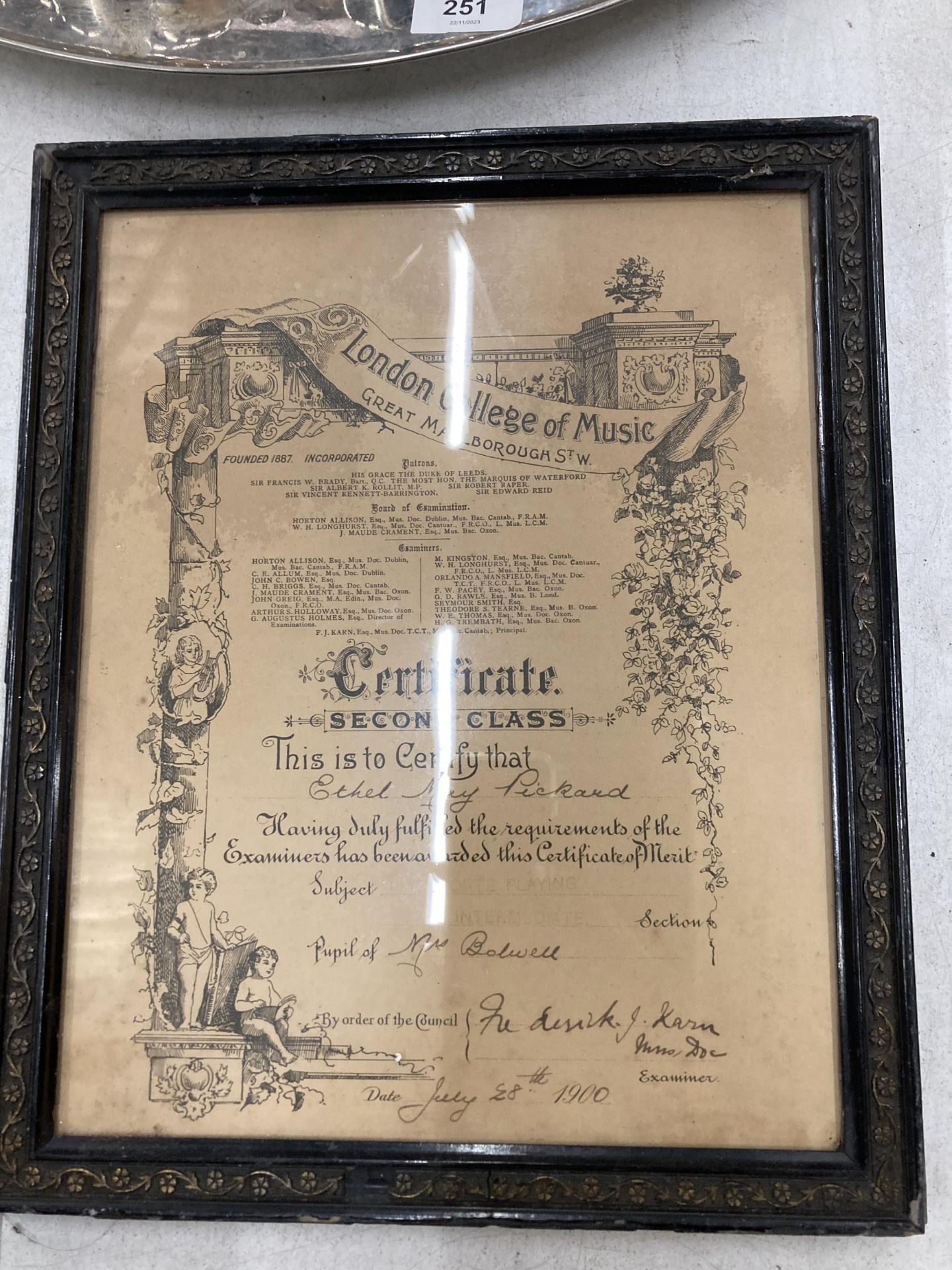TWO DATED 1899 & 1900 FRAMED LONDON COLLEGE OF MUSIC CERTIFICATES - Image 3 of 3