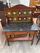 A VICTORIAN SATINWOOD MARBLE TOP WASHSTAND WITH RAISED TILED BACK, 36" WIDE, WITH SINGLE DRAWER