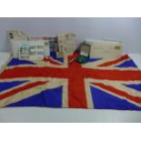 A COTTON UNION JACK, 43 X 87CM, COPY IRON CROSS, HOME SCOUT WHISTLE AND FIRST DAY COVERS ETC
