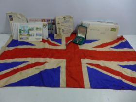 A COTTON UNION JACK, 43 X 87CM, COPY IRON CROSS, HOME SCOUT WHISTLE AND FIRST DAY COVERS ETC