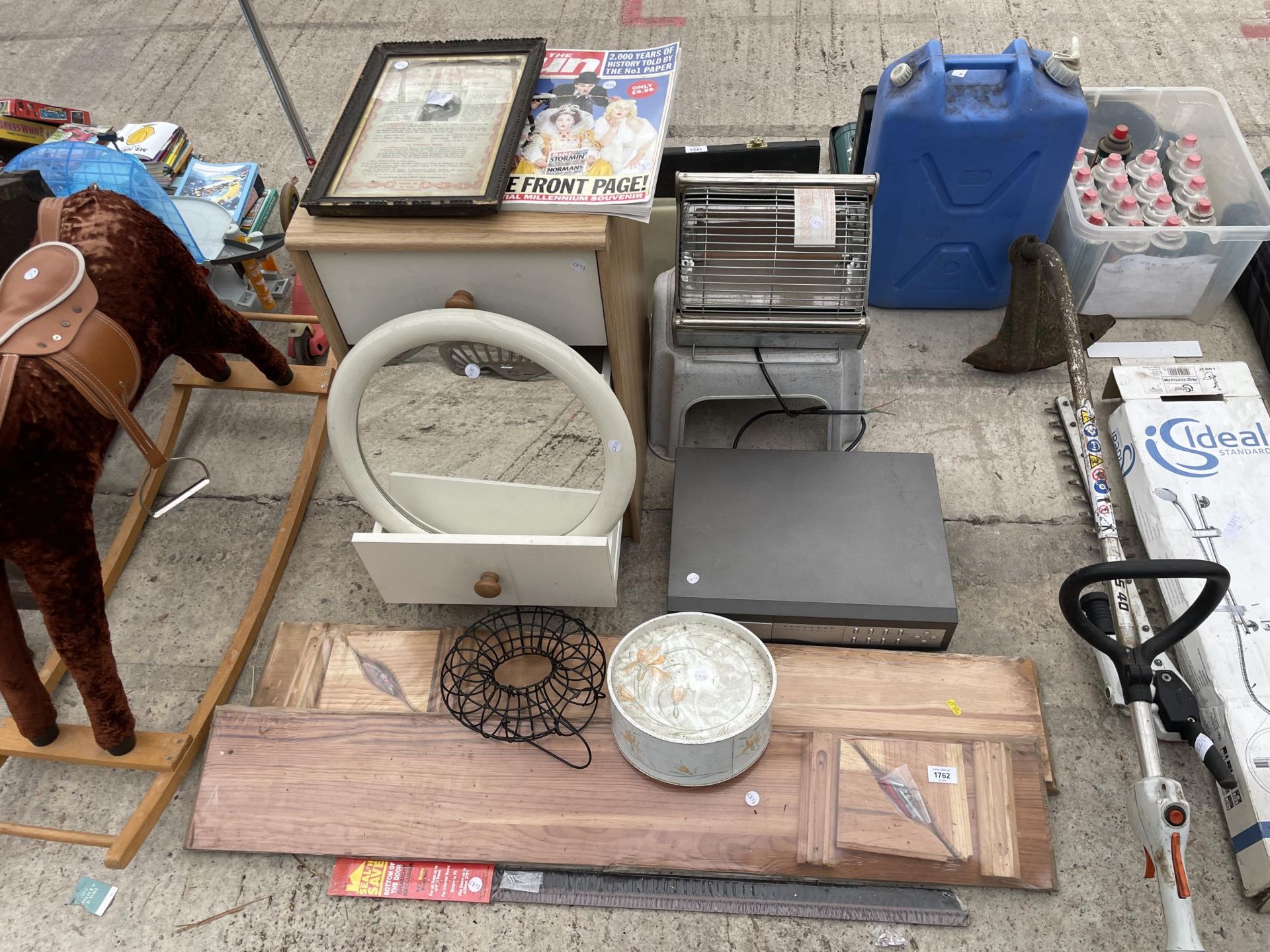 AN ASSORTMENT OF ITEMS TO INCLUDE A BEDSIDE LOCKER, A MIRROR AND A HEATER ETC