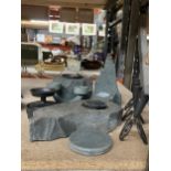 A GROUP OF HARDSTONE EFFECT ITEMS, METAL CANDLE HOLDER ETC