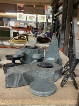 A GROUP OF HARDSTONE EFFECT ITEMS, METAL CANDLE HOLDER ETC