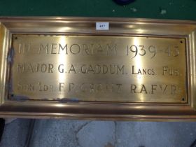 A WORLD WAR II BRONZE MEMORIAL PLAQUE TO MAJOR G.A. GADDUM OF THE LANCASHIRE FUSILIERS AND