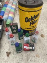 TWO VINTAGE OIL CANS AND AN ASSORTMENT OF LUBRICANTS