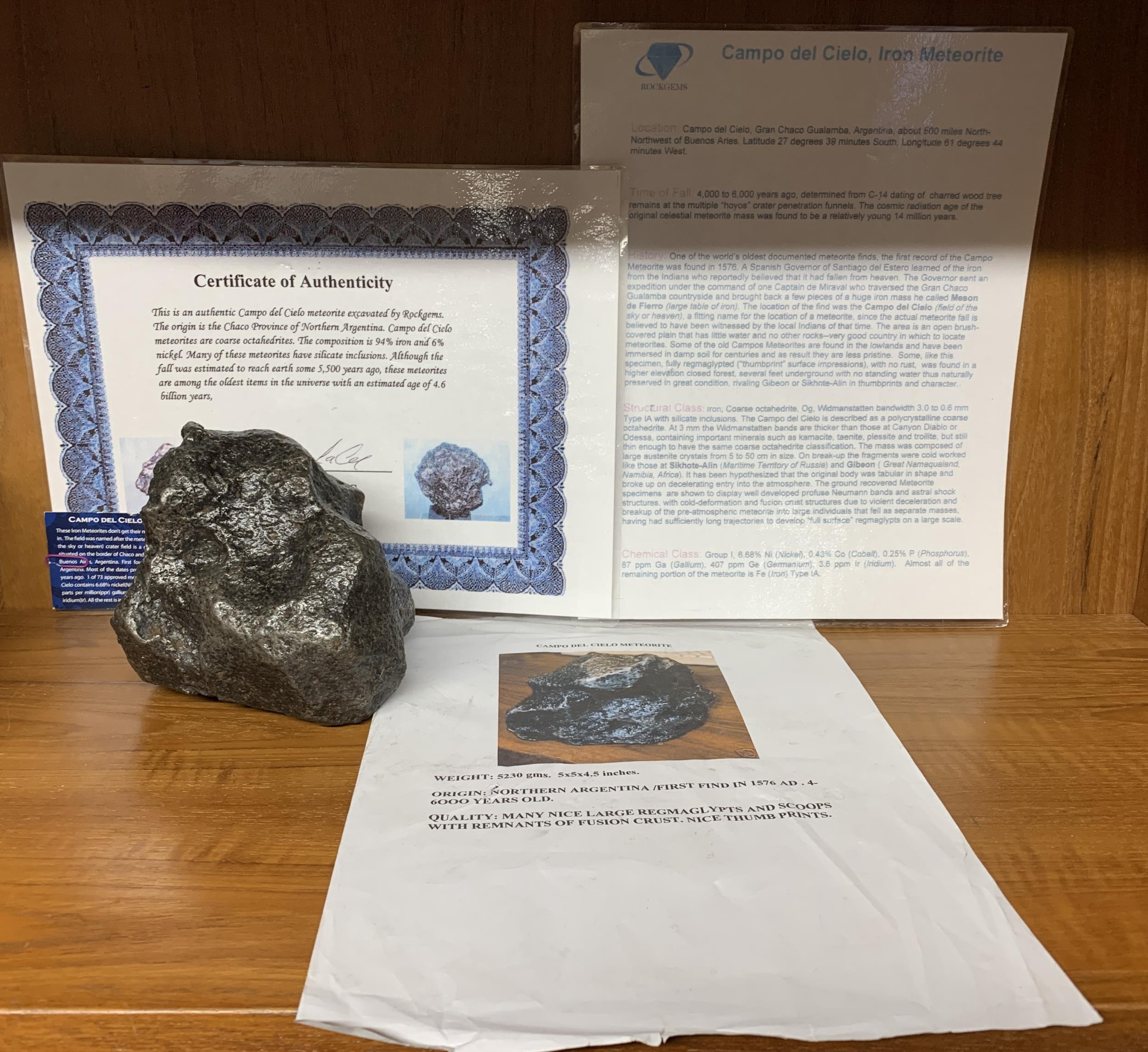 A 5KG CAMPO DEL CIELO IRON METEORITE WITH CERTIFICATE OF AUTHENTICITY, 4000 - 6000 YEARS OLD