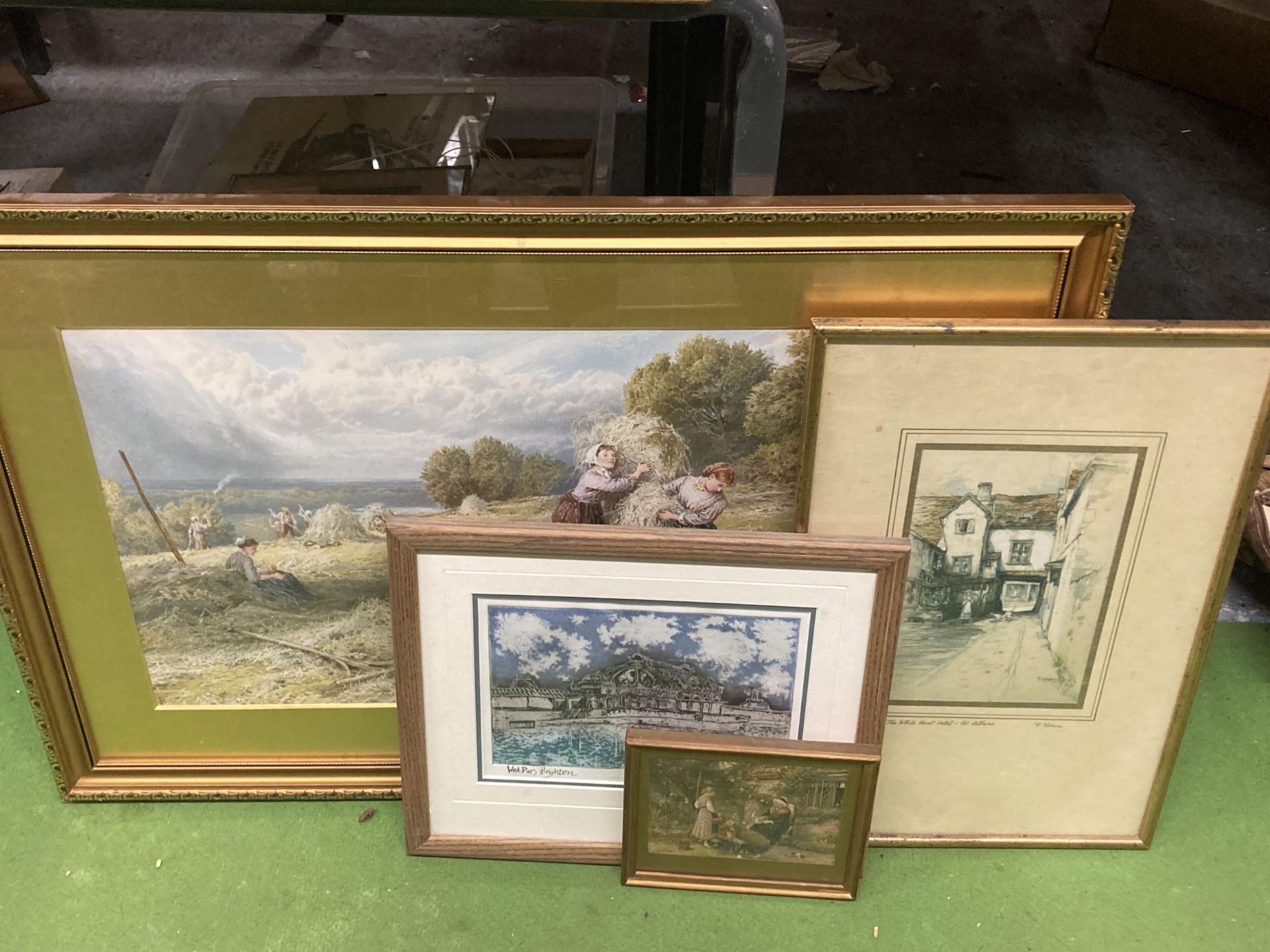 FOUR FRAMED PRINTS , WEST PIER, BRIGHTON, ST ALBANS AND COUNTRYSIDE LARGE GILT FRAMED EXAMPLE