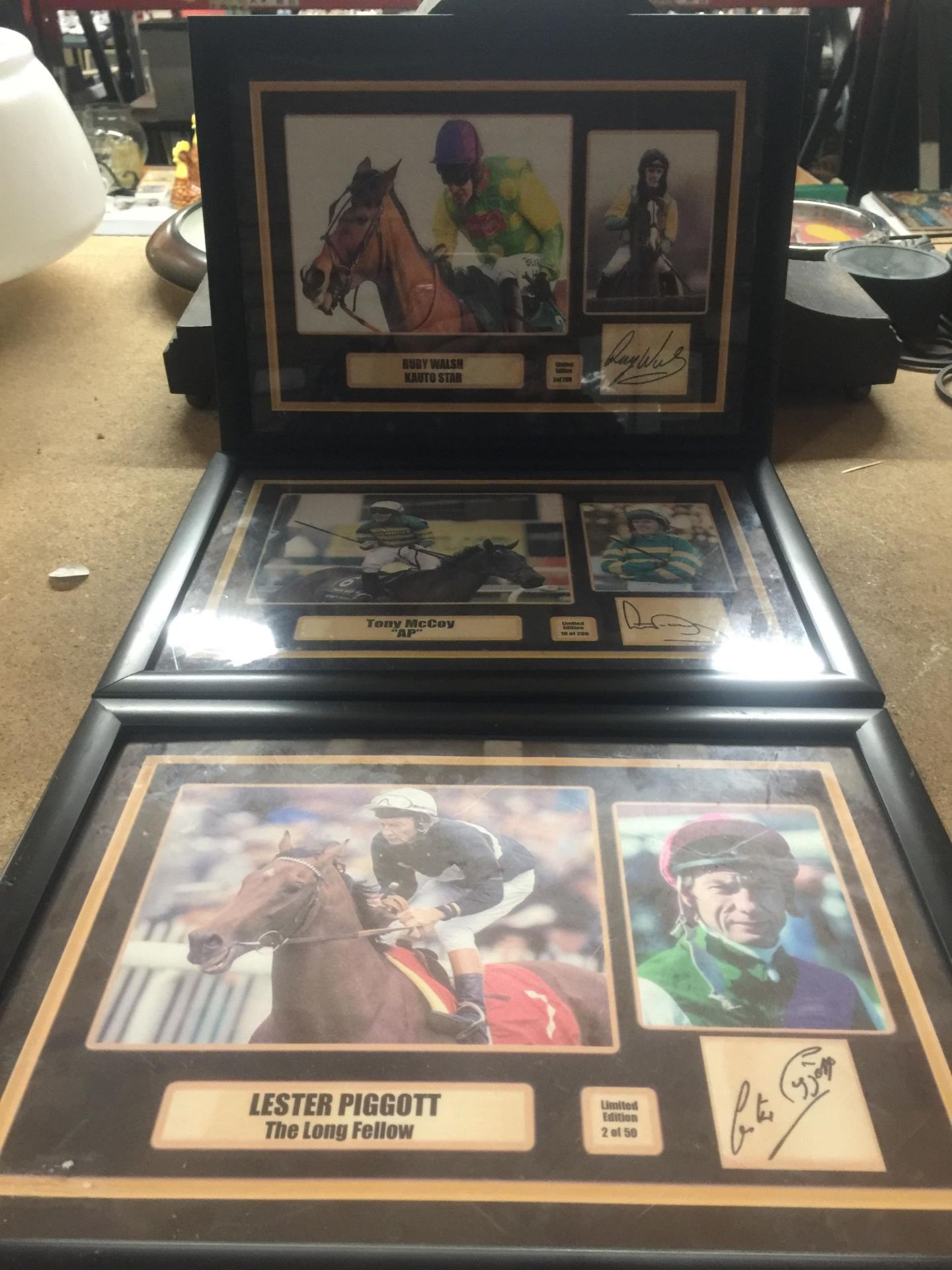 A GROUP OF FRAMED HORSE RACING LIMITED EDITION SIGNED PHOTOS, RUBY WALSH, AP MCCOY AND LESTER