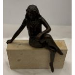 AN ART DECO STYLE BRONZE MODEL OF A GIRL ON STONE BASE, INDISTINCTLY SIGNED