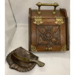 A VINTAGE OAK COAL BOX WITH BRASS FITTINGS AND HANDLE WITH CARVED FLORAL DESIGN, WITH ORIGINAL