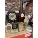 A COLLECTION OF VINTAGE MANTLE CLOCKS PLUS AN ONYX TABLE LIGHTER, ASH TRAY AND VASE