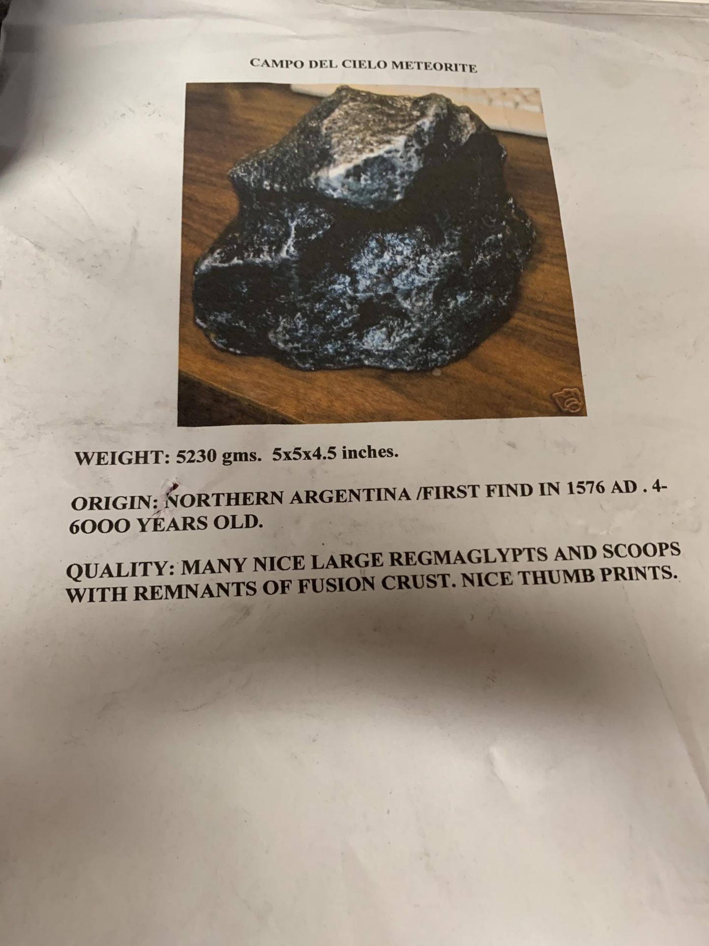 A 5KG CAMPO DEL CIELO IRON METEORITE WITH CERTIFICATE OF AUTHENTICITY, 4000 - 6000 YEARS OLD - Image 3 of 5