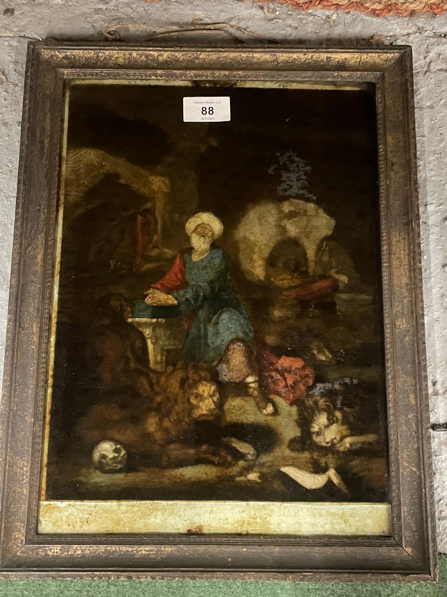 A CIRCA 19TH CENTURY, FRAMED CANVAS PRINT OF A MAN WITH LIONS