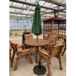 AN AS NEW EX DISPLAY CHARLES TAYLOR FOUR SEATER TABLE WITH FOUR CHAIRS, A PARASOL AND BASE + VAT