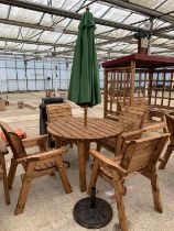 AN AS NEW EX DISPLAY CHARLES TAYLOR FOUR SEATER TABLE WITH FOUR CHAIRS, A PARASOL AND BASE + VAT