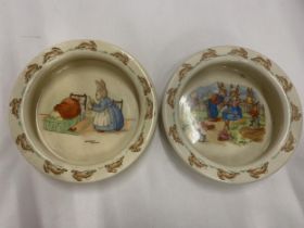 TWO ROYAL DOULTON BUNNYKINS DEEP IVORY GLAZED EARTHENWARE BABY PLATES "MEDICINE TIME" PRODUCED UNTIL