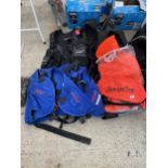 AN ASSORTMENT OF DIVING EQUIPMENT TO INCLUDE LIFE JACKETS AND BACK PACKS ETC