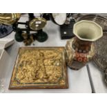 TWO ITEMS - A GILT EFFECT PLAQUE AND A JAPANESE SATSUMA VASE