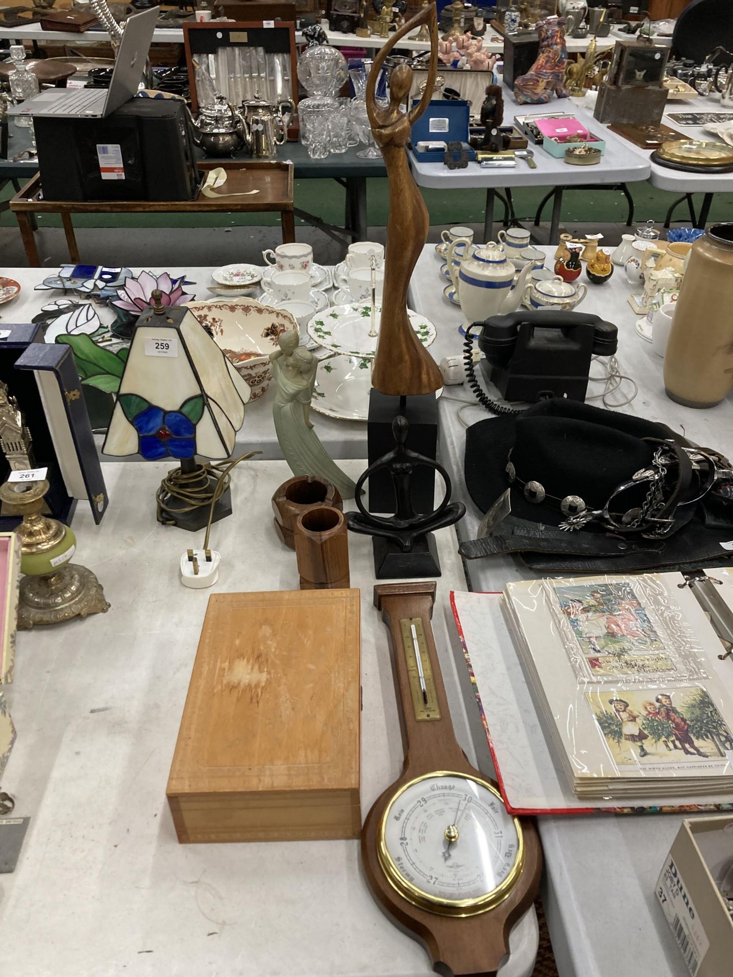 A MIXED LOT TO INCLUDE LARGE WOODEN FIGURE, MODERN BAROMETER ETC