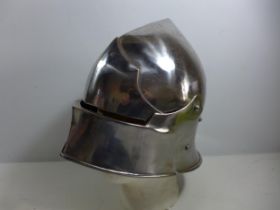 A GOOD QUALITY REPLICA MEDIEVAL SALLET HELMET WITH LIFT UP VISOR AND LEATHER LINING, ARMOURERS MARK