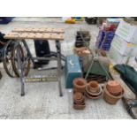 AN ASSORTMENT OF ITEMS TO INCLUDE A CYLINDER MOWER, A SEWING MACHINE AND A WORKMATE BENCH ETC