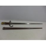 A FRENCH GRAS BAYONET AND SCABBARD DATED 1880, 52CM BLADE, LENGTH 66CM