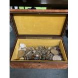 A BOX OF ASSORTED COSTUME JEWELLERY, WATCHES AND COINS, NECKLACES ETC
